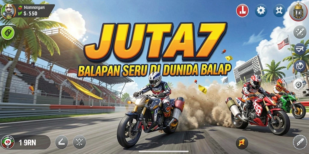 Tangkapan layar utama JUTA7 menampilkan aksi balapan mendebarkan.