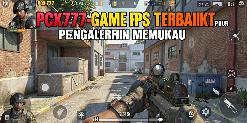 Screenshot utama gameplay PCX777 menunjukkan aksi tembak-menembak yang intens.