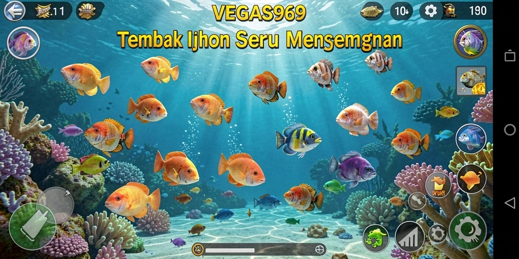 Screenshot utama dari gameplay <strong>VEGAS969</strong> yang menampilkan serunya menembak ikan.