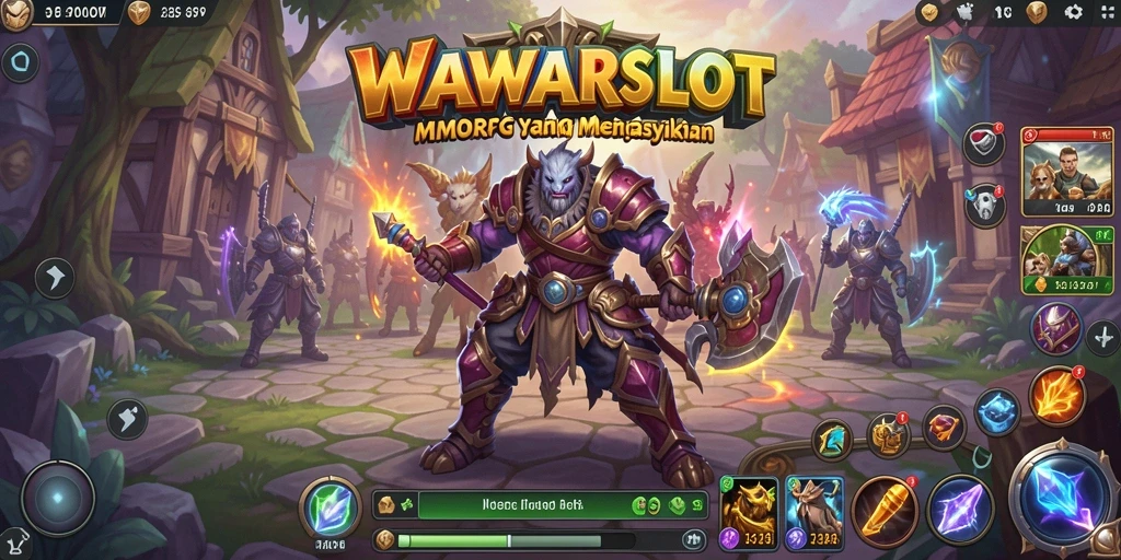 Screenshot gameplay WAWARSLOT menunjukkan pertarungan epik antara karakter dan monster.